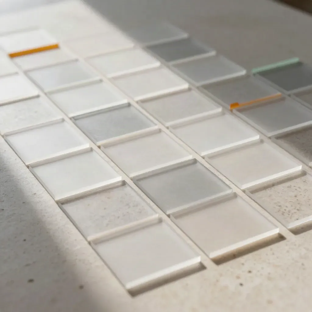 Overhead macro of translucent place tiles and counters forming clusters and gaps on pale stone.