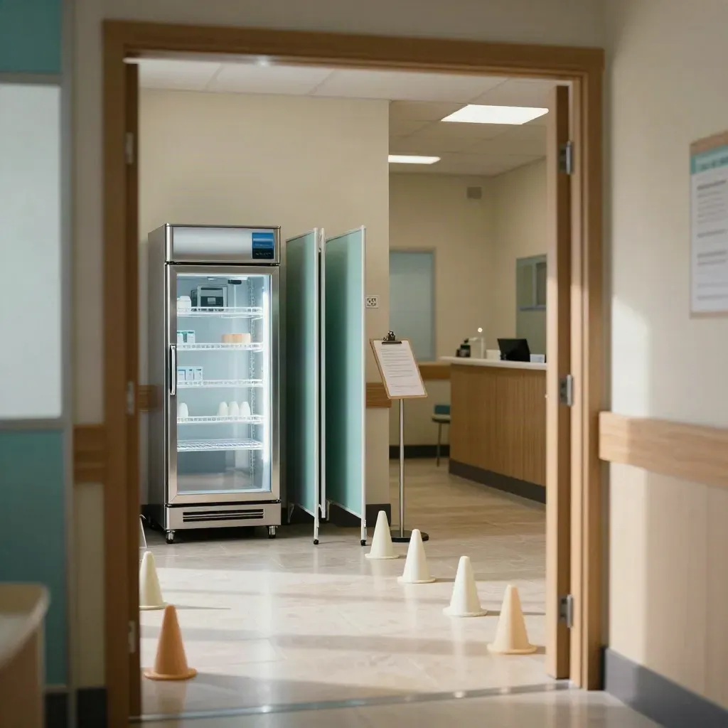 Clinic entrance with vaccine fridge, queue cones, privacy screens and cool morning light
