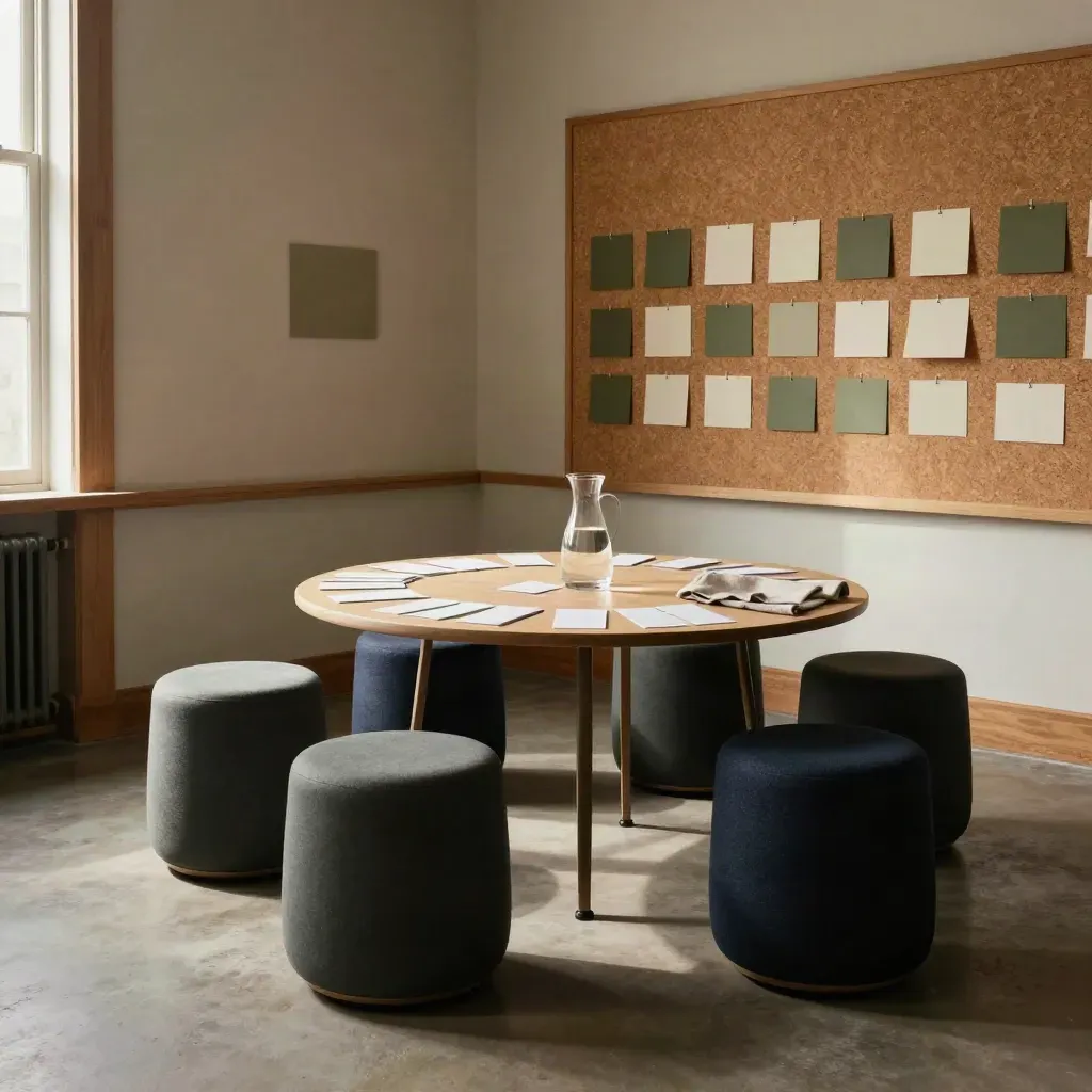 Reset workshop room with modular stools, cork colour chips and a round table of blank cards.