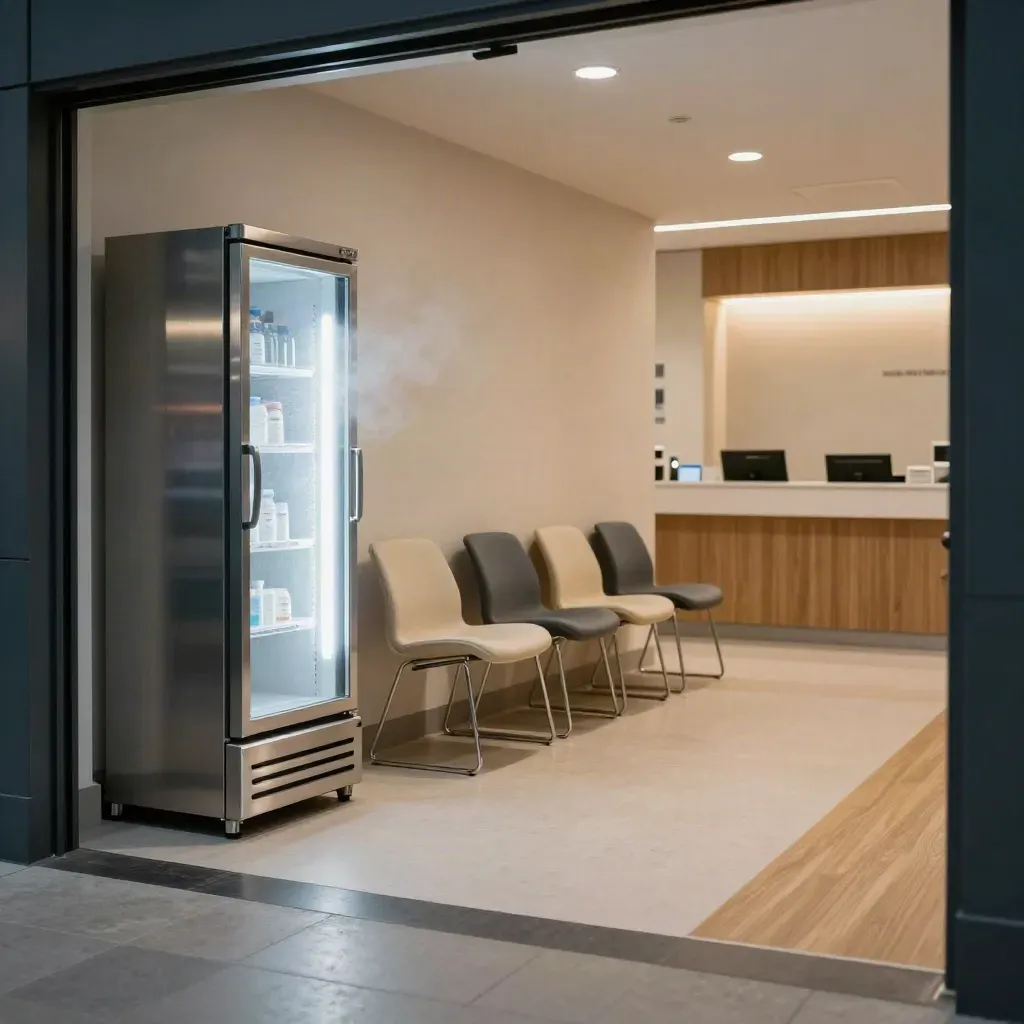 Empty clinic waiting zone with vaccine fridge, chairs, counter and floor lanes in soft morning light.