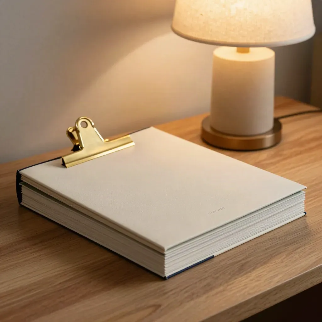 Closed approval folio and lamp on pale oak, ready for final campaign sign-off.