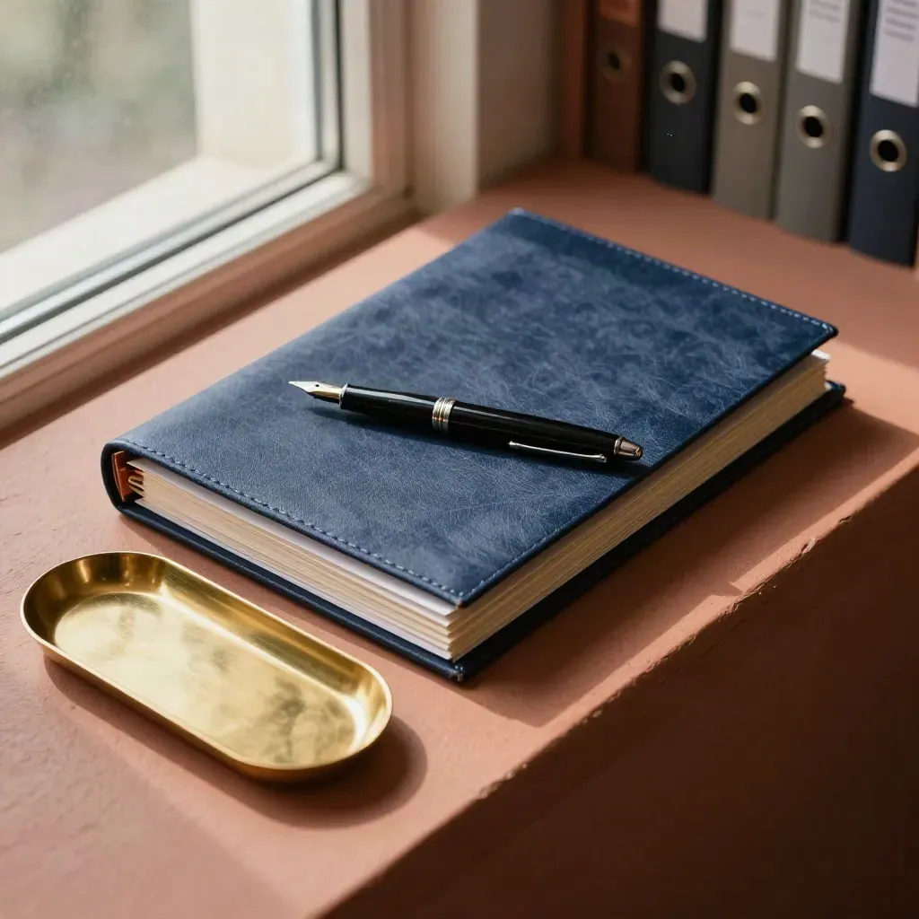 Closed policy briefing folio with tab cards and brass tray on a terracotta ledge.