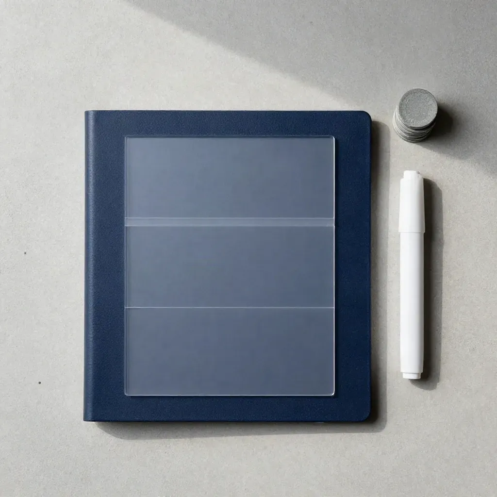 Overhead navy binder, acetate overlays, marker cap, and postcode chips on pale concrete