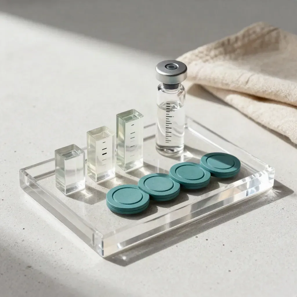 Clear acrylic results tray with counters, vial, and teal chips on concrete