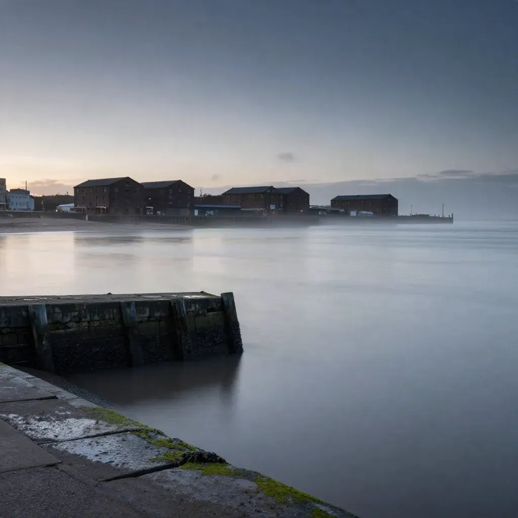 Liverpool waterfront at dusk with warehouses high and calm misty water below