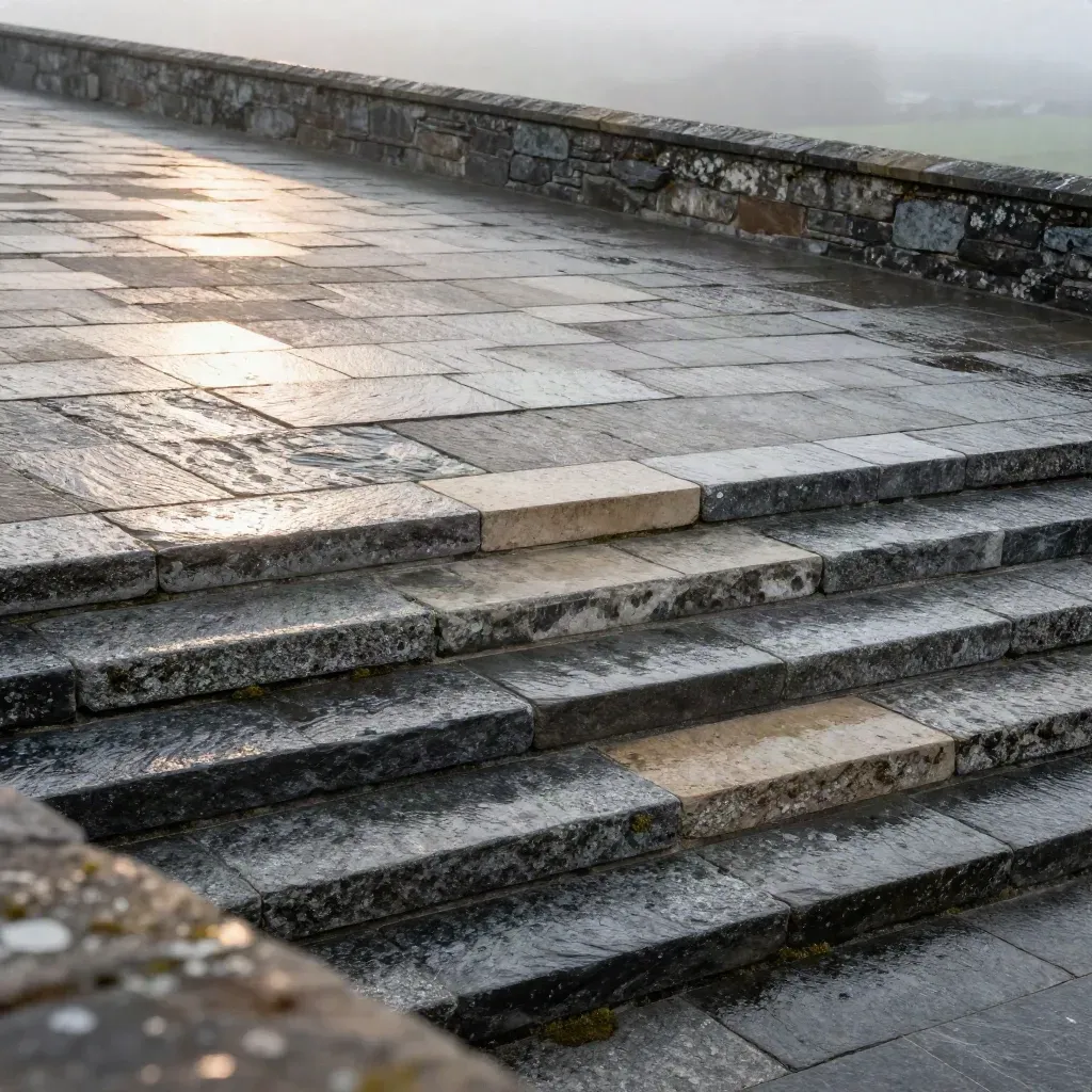 Rain-darkened slate, sandstone and granite surfaces with mist and warm light for headline copy.